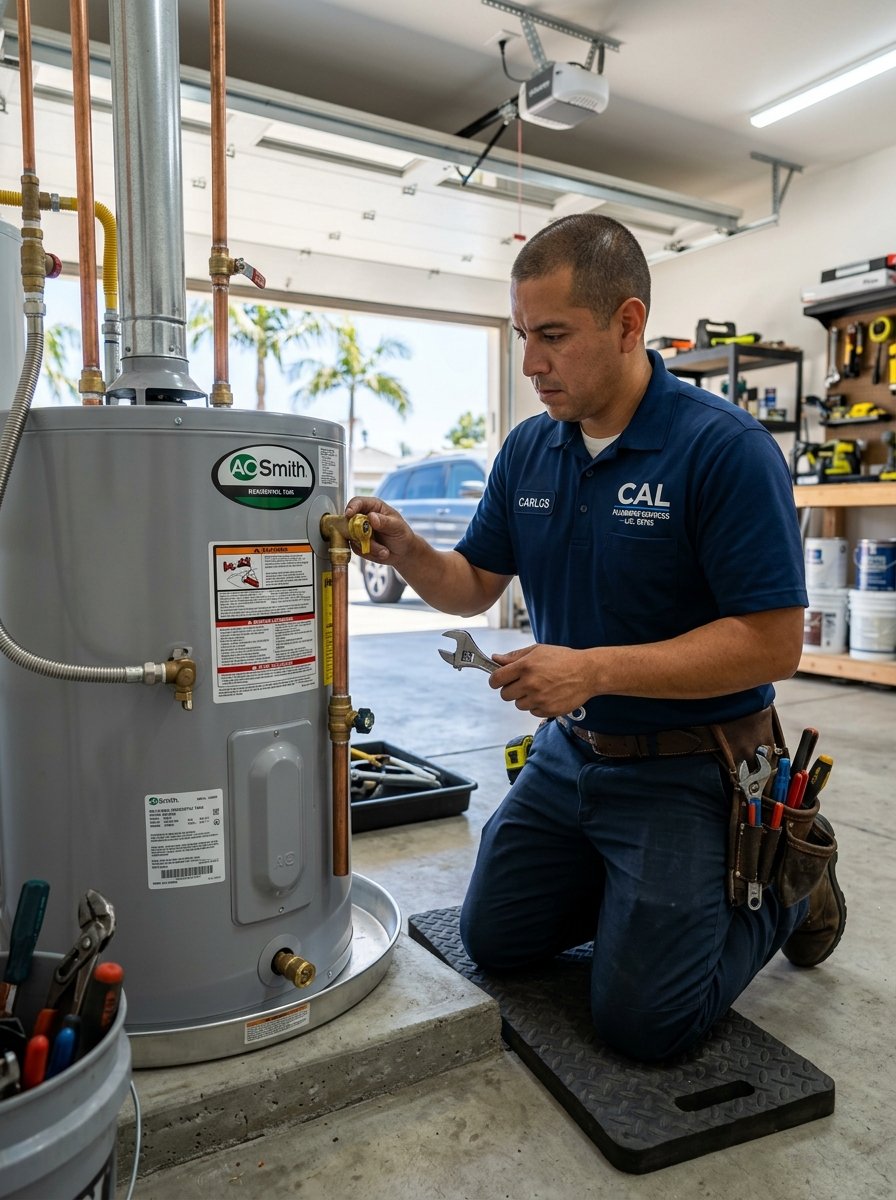 Plumbing technician in clean uniform inspecting residential tank water heater valves and copper pipes in a Cypress California home garage