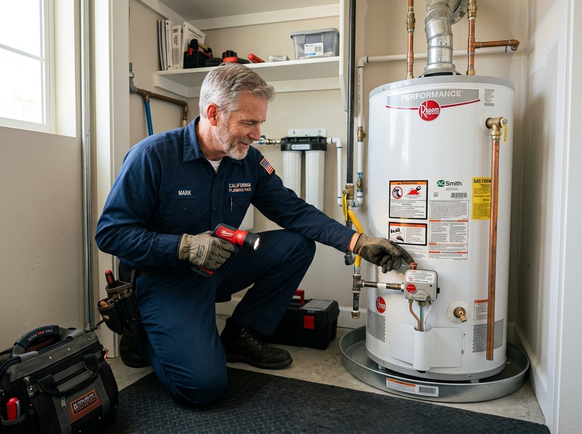 Plumbing technician in clean uniform inspecting a residential water heater in a Long Beach home