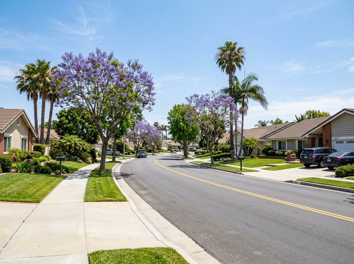 Quiet sunny residential suburban neighborhood street in Cypress California with single-family homes and palm trees