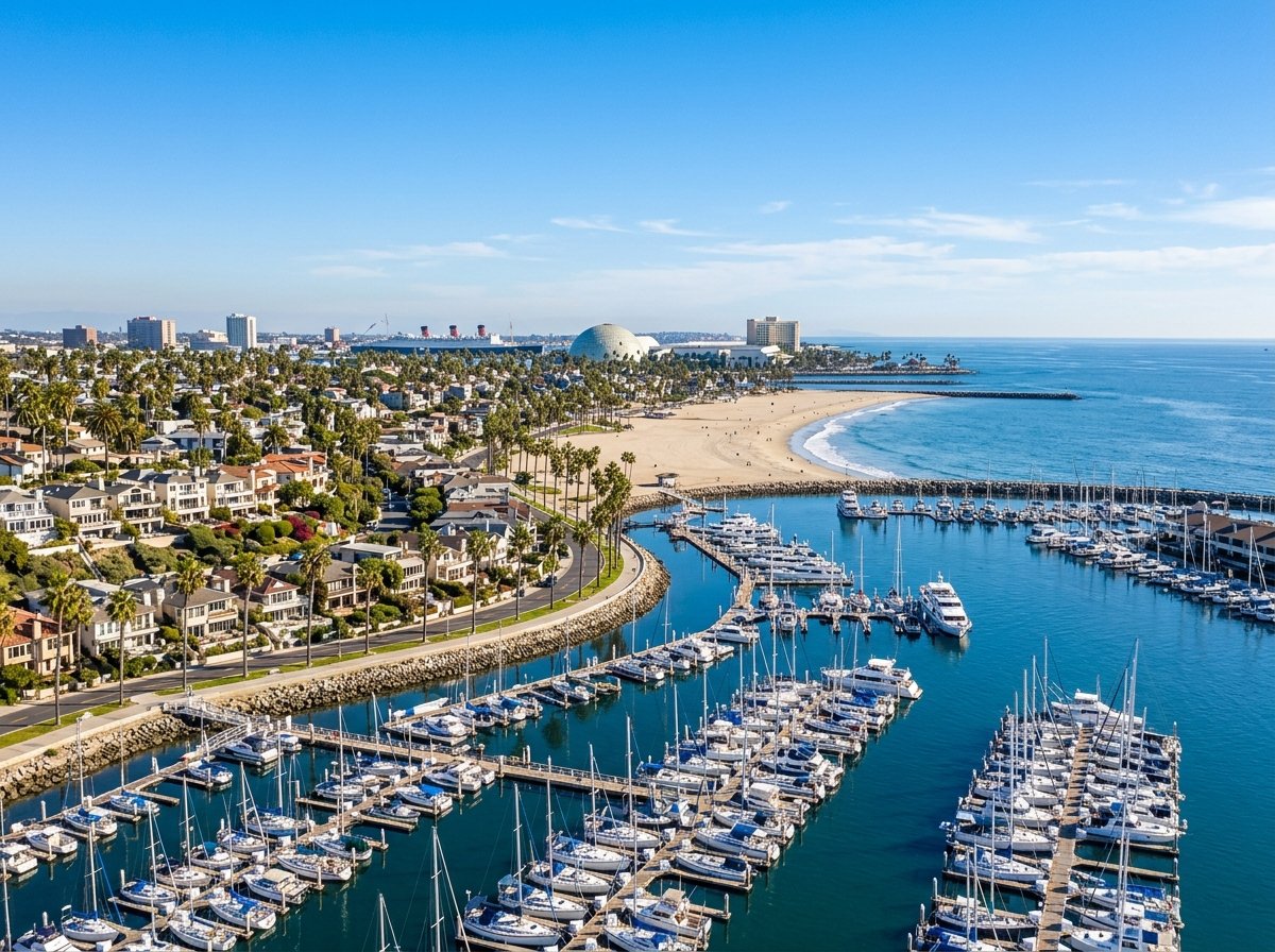Scenic aerial view of Long Beach California coastal harbor, marina, and residential skyline