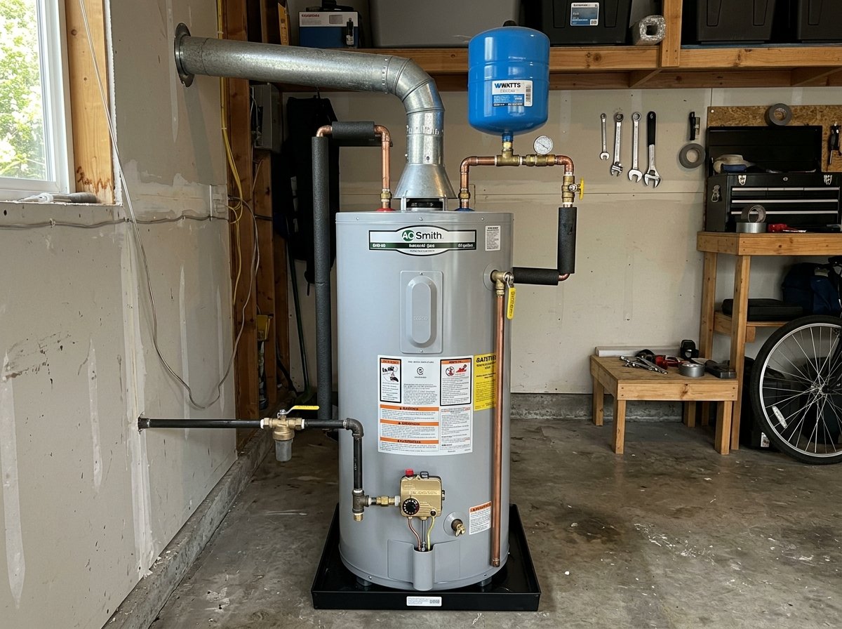 Residential natural gas tank water heater installed in garage utility area
