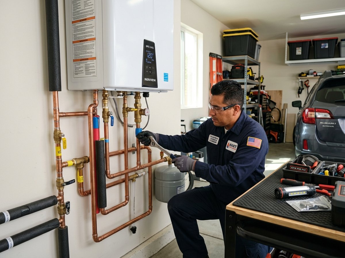 Modern wall-mounted tankless water heater in a contemporary residential home