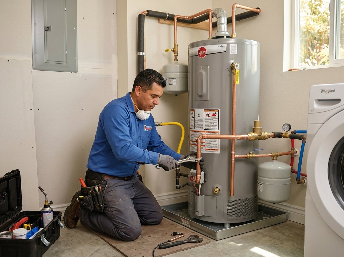 Newly installed residential water heater replacement in a clean utility space