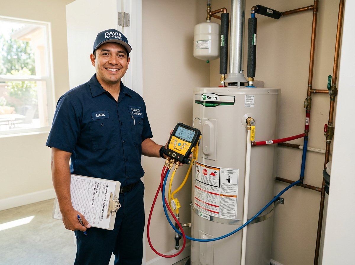 Friendly professional plumbing technician standing next to a water heater with diagnostic tools